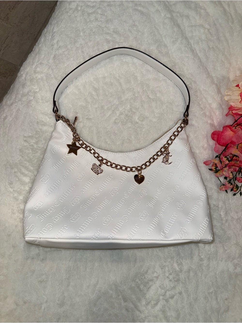 NWOT Juicy Couture White Embossed Shoulder Bag with Gold Charm Chain